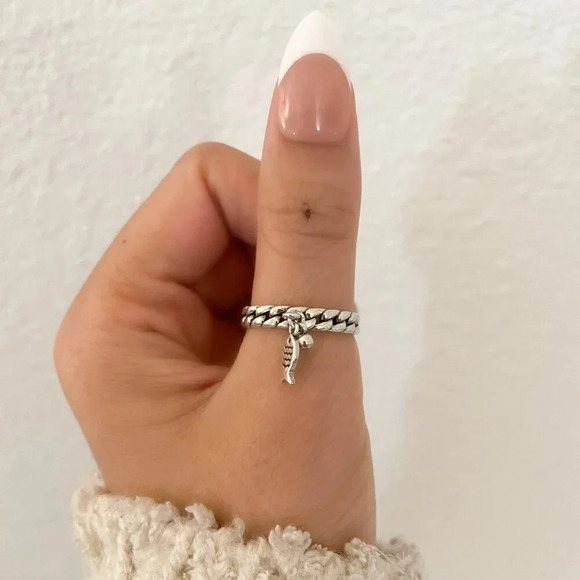 925 Sterling Silver Curb Chain Link Ring Dangle Ring Fish Ring Dainty Ring Band - Picture 8 of 9